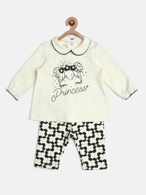 Girls White & Black Printed T-Shirt with Leggings